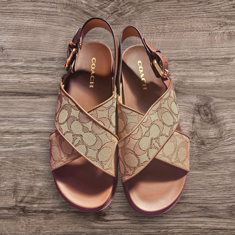 NWOT Coach Fraser Chambray Signature Jacquard Sandal Tan Size 10